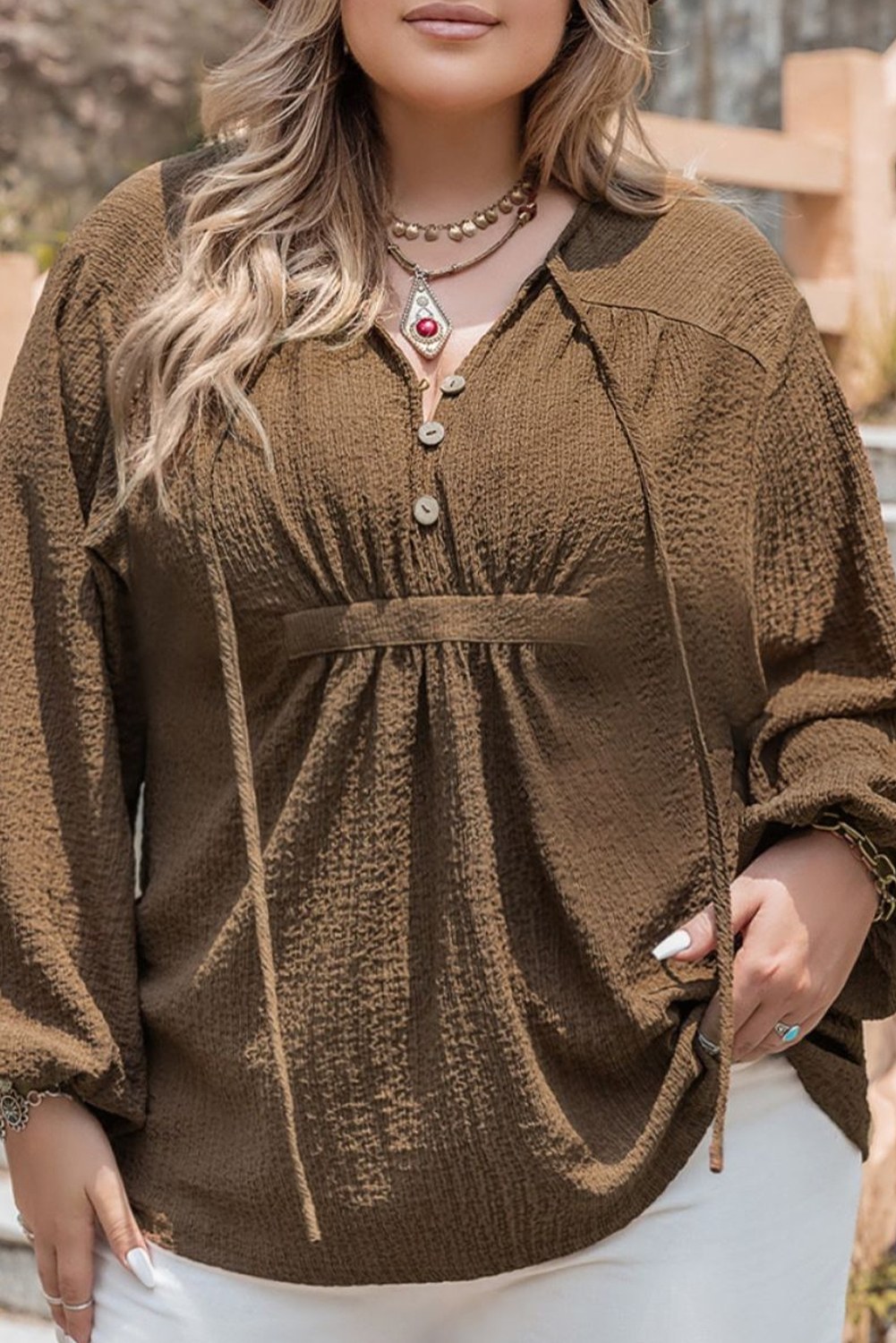$8.69 Brown Textured Buttoned Placket Gathered Center Bubble Sleeve ...
