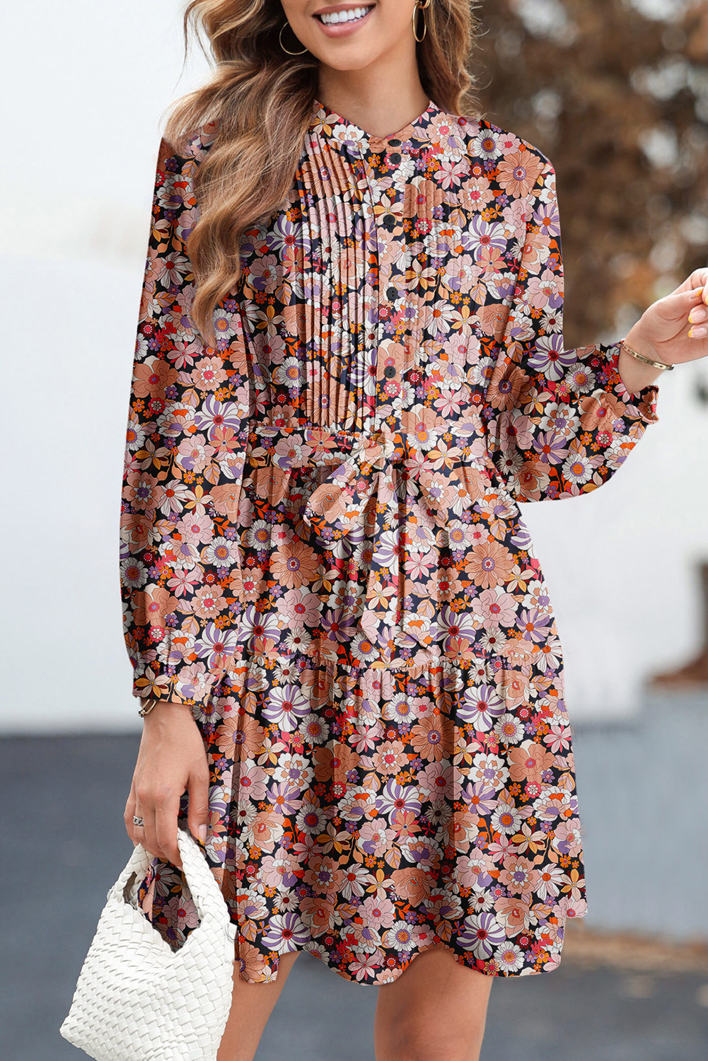 Ombre Print Long Sleeve Pleated Long Dress