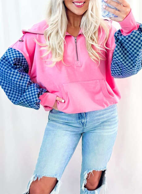 Bonbon – Karierter Patchwork-Hoodie mit Kängurutasche und halbem Reißverschluss