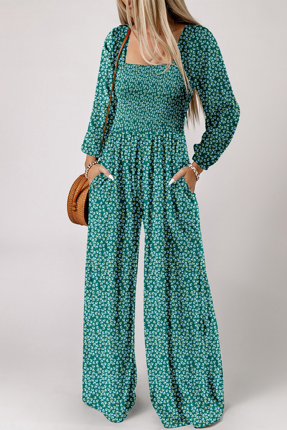 Floral Print Smocked High Waist Square Neck Jumpsuit