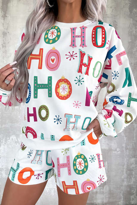 Conjunto de salón de 2 piezas con letras estampadas y adornos de diamantes de imitación en blanco Ho Ho Ho