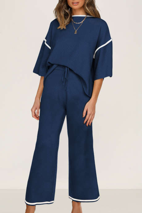 Navy Blue Contrast Trim Half Sleeve Top Drawstring Pants Loose 2pcs Sweater Suit