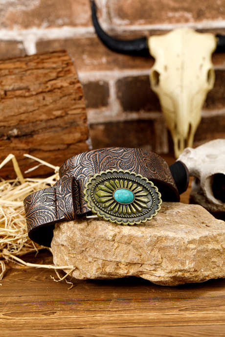 Cinturón de piel sintética con relieve y decoración de placa turquesa retro color castaño