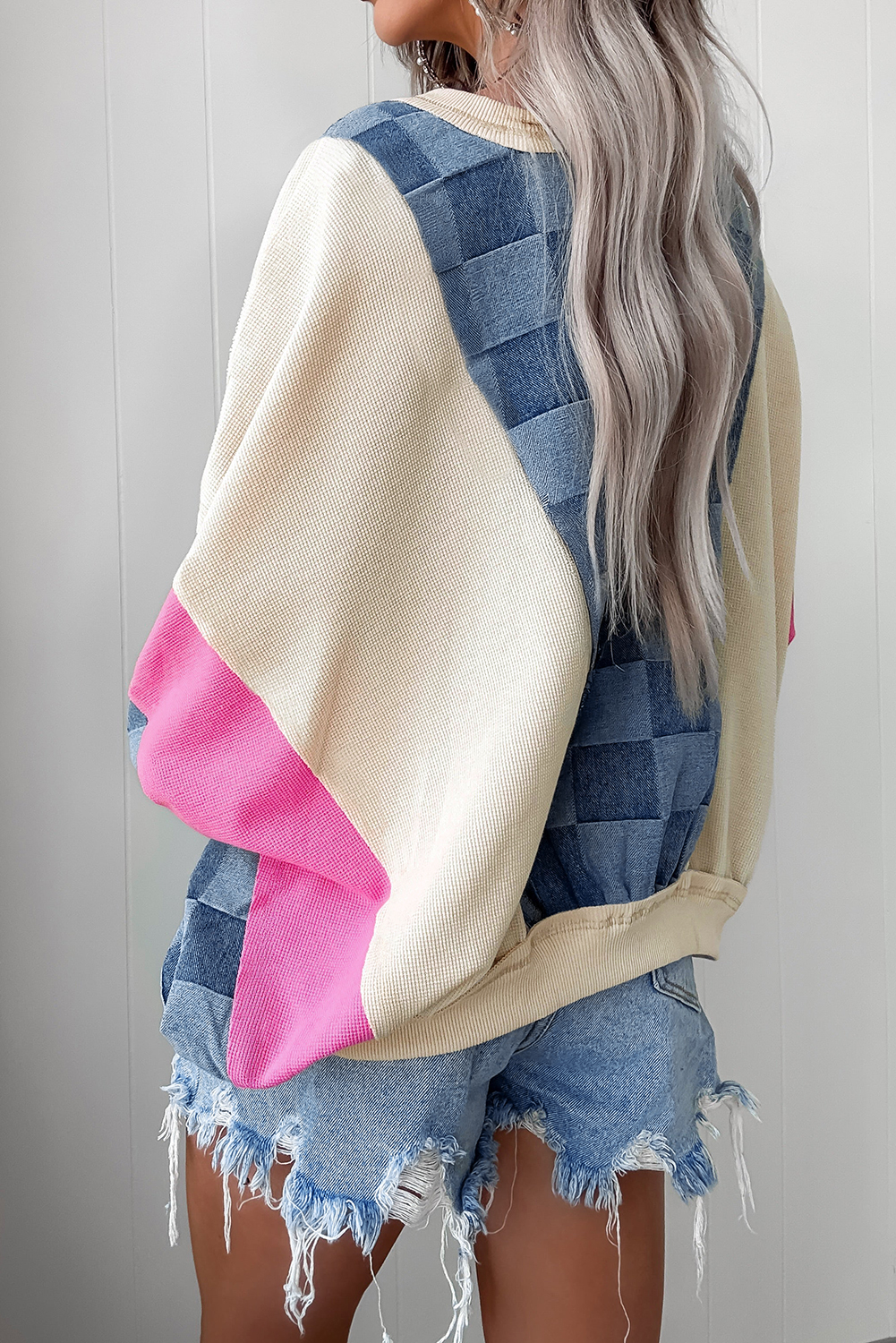 $10.53 Sky Blue Oversized Checkered Denim Exposed Seam