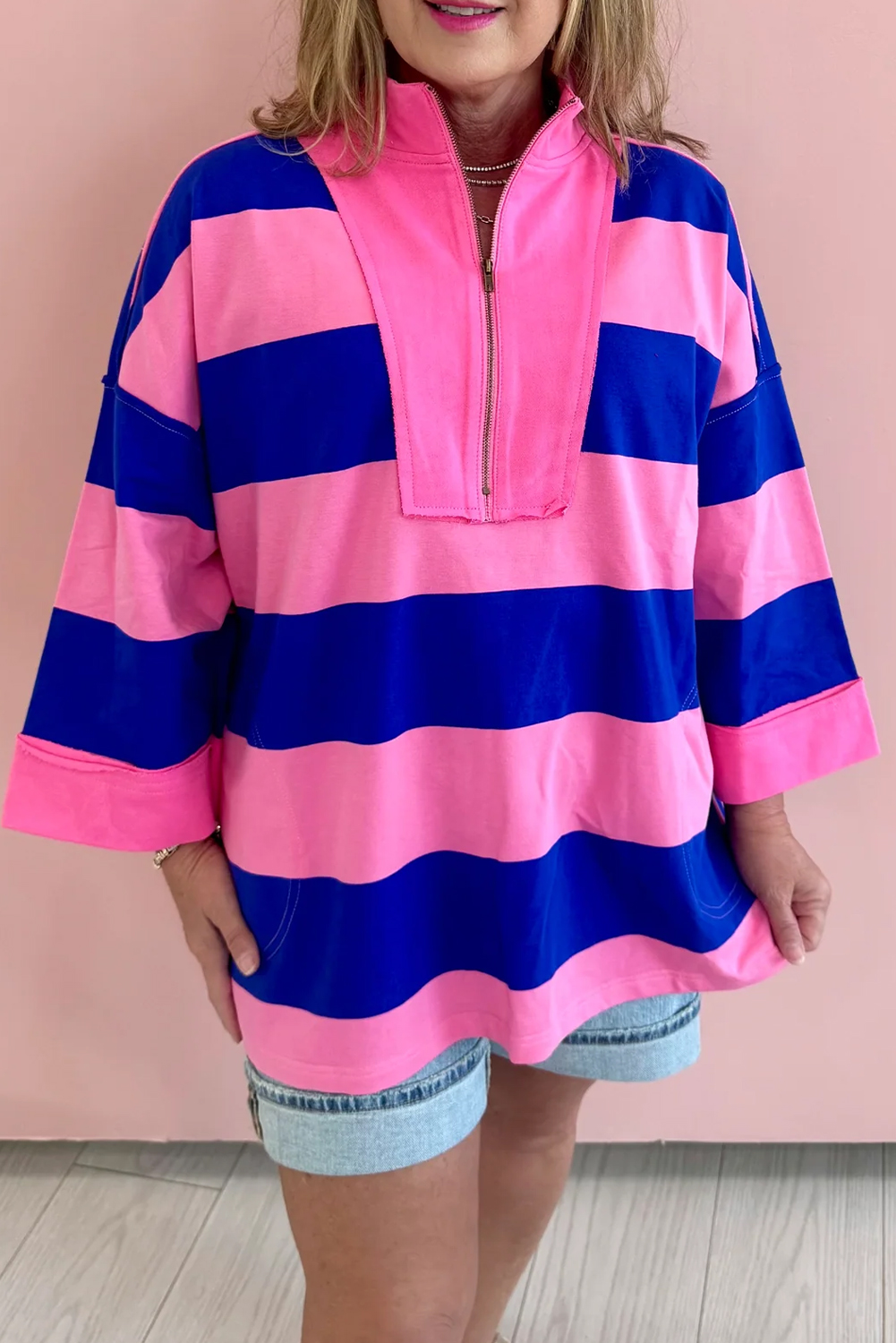 ★LUV IS TRUE★ IM STRIPE SLEEVE TEEPINK $9.98 Rose Stripe Colorblock Half Zipped Bracelet Sleeve