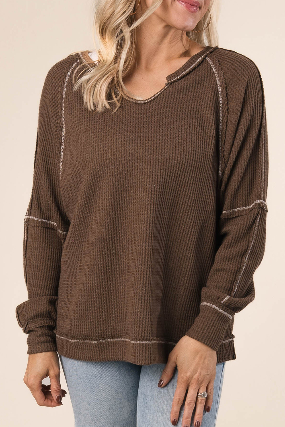 Contrast Stitching Waffle Knit Top main image 1