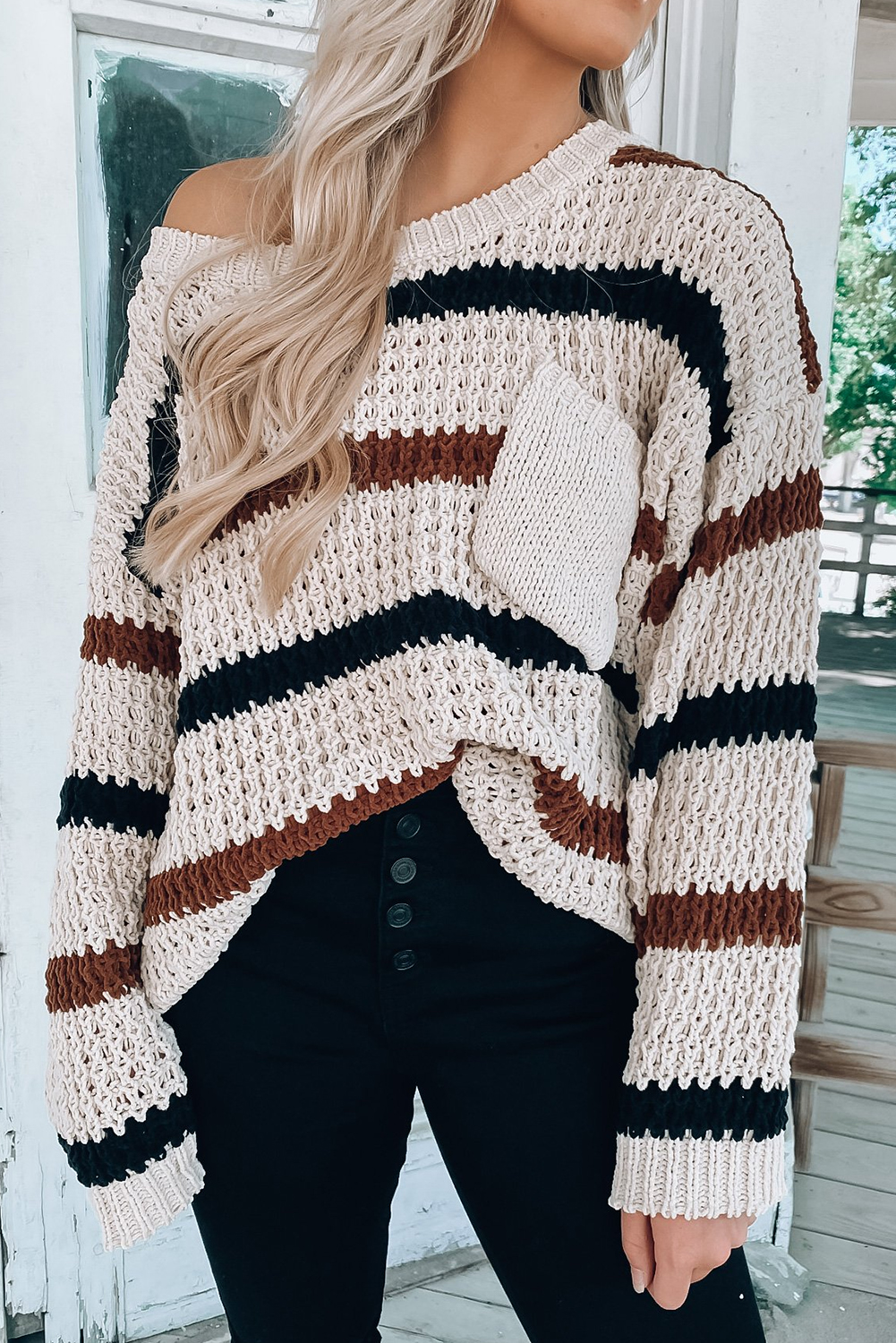 $9.29 Beige Stripe Casual Drop Shoulder Sweater with Chest Pocket Wholesale