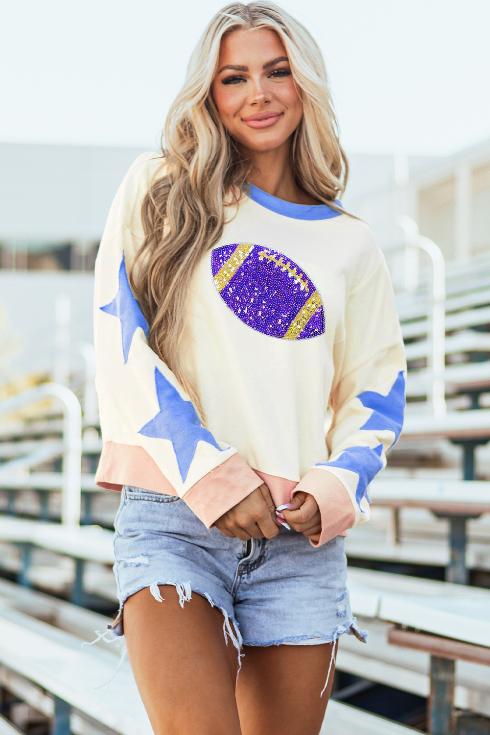 【BRICK】MATCH SWEATSHIRTS (SMILE X RUGBY) ChiyeeKiss Womens Sparkle Football Sequin Rugby Sweatshirt