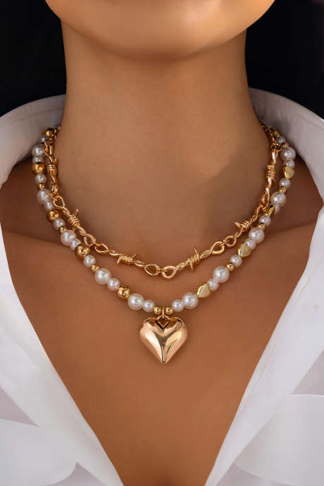 Gold 2pcs Alloy Plated Heart Pendant Pearl Necklace Set