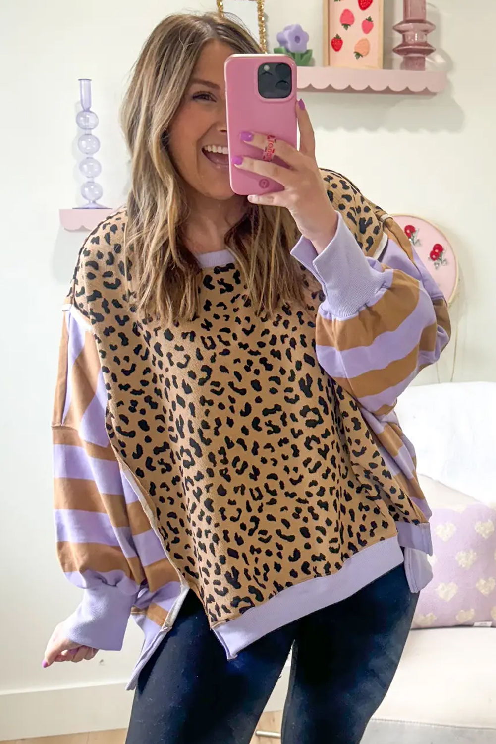 【FEPL】★男女兼用★25SS DEAR PIGMENT SWEATSHIRT $7.75 Purple Stripe Color Block Patchwork Leopard Casual
