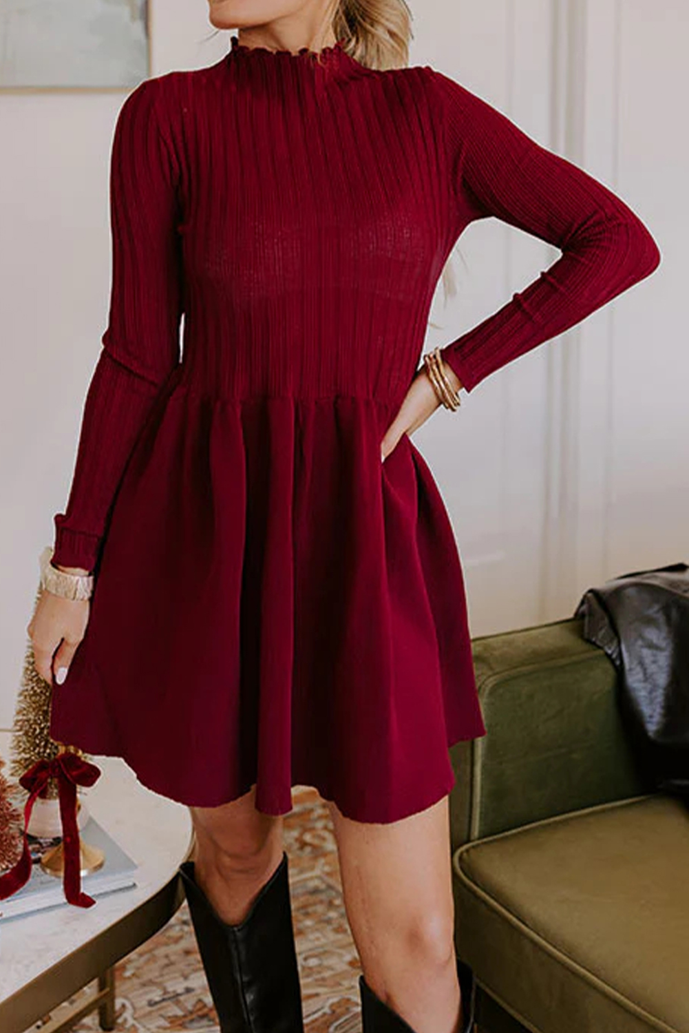 $8.98 Red Dahlia Frilled Neck Ribbed Knit Patchwork Long