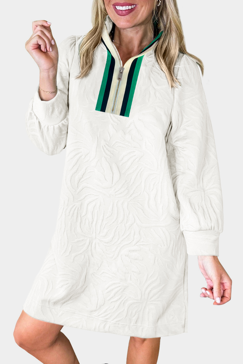 $9.13 White Jacquard Textured Quarter Zipper Shift Mini
