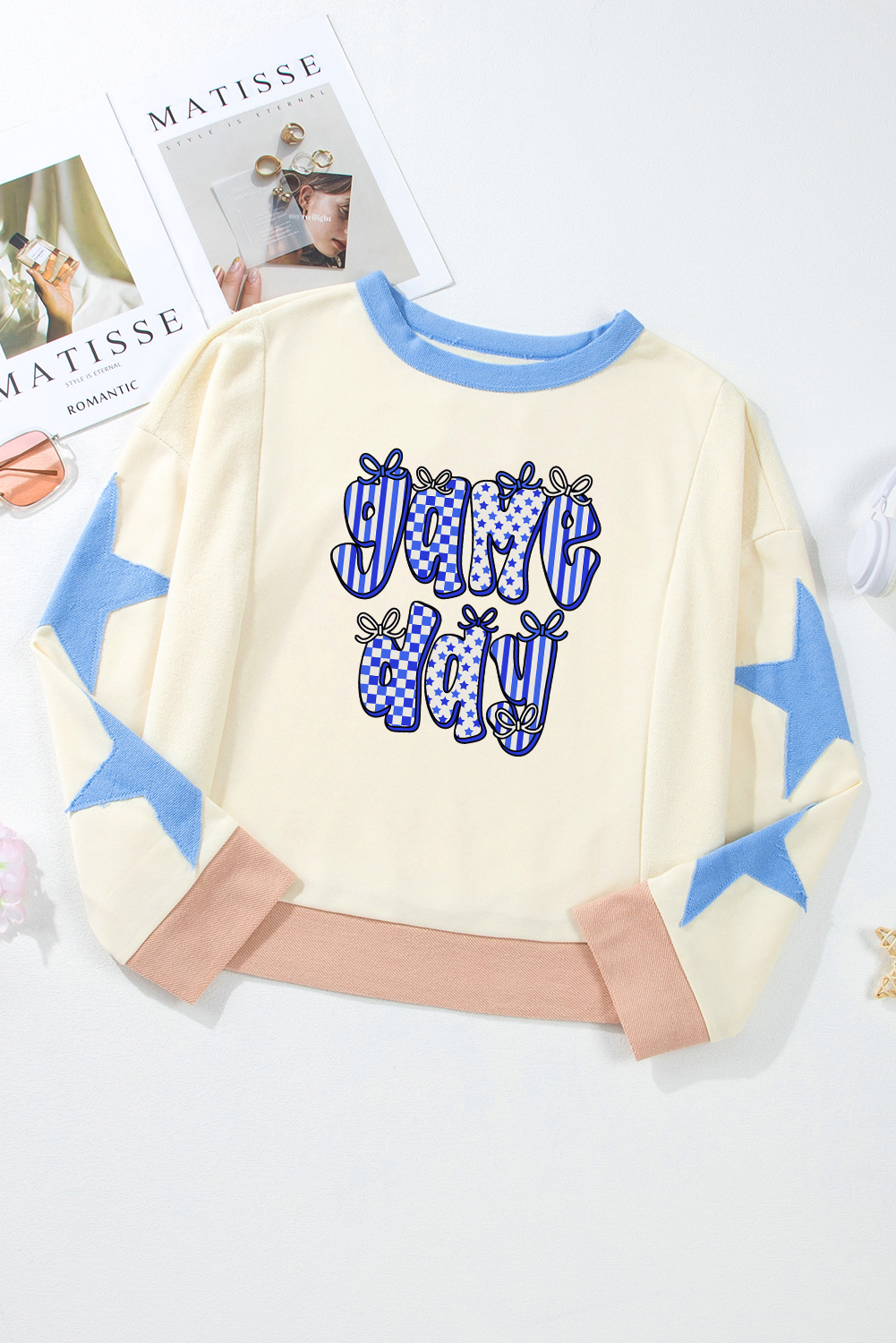 $9.6 Beige Game Day Graphic Starry Patched Sleeve Contrast