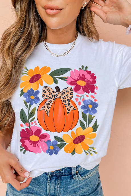 Wit pompoen bloemen grafisch Thanksgiving vakantie T-shirt