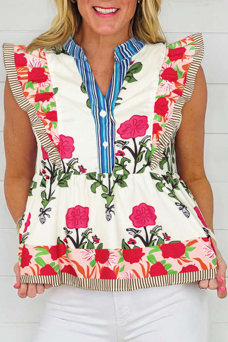 Rosa Floral Print Tie Neck Stripete detalj Flutter Sleeve Bluse