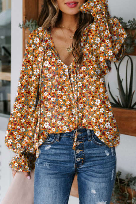Blusa de outono laranja boho floral com babados e manga bolha, decote em V
