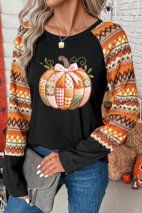 Tricou portocaliu cu mânecă lungă raglan cu imprimeu geometric cu dovleac drăguț
