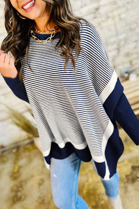 Blau gestreifter Farbblock-Patchwork-Dolman-Übergroßer Tunika-Pullover