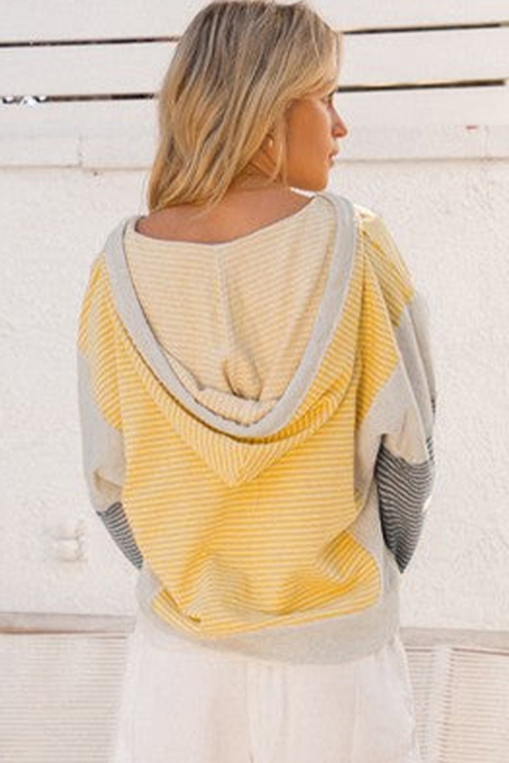 $8.96 Yellow Stripe Color Block Drawstring V Neck Loose Fit