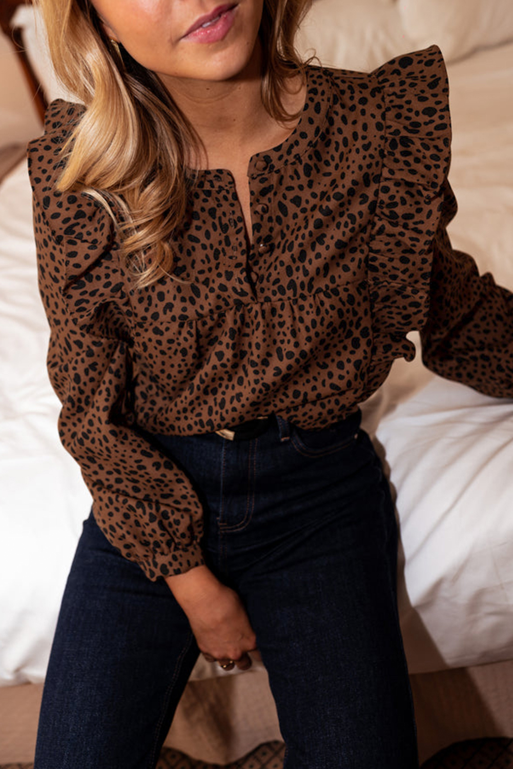 TIERED BLOUSE（brown） $9.61 Brown Leopard Print Ruffled Puff Sleeve Blouse Wholesale