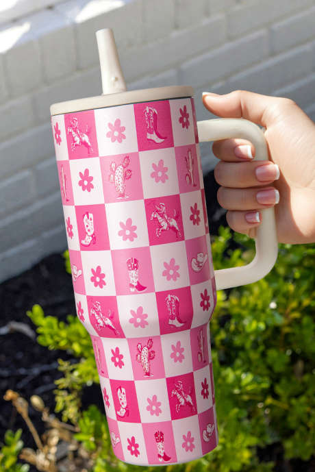 ローズレッド ウエスタン柄 フラワーチェック柄 断熱タンブラー 40オンス