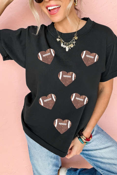 Black Rugby Football Sequin Heart Patched Graphic Tee