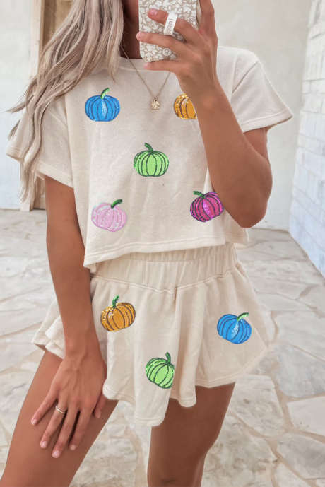 Beige Multicolor Sequin Pumpkin Cropped Tee Loose 2pcs Skort Set