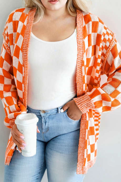 Cárdigan abierto con hombros caídos y mangas abullonadas a cuadros naranjas