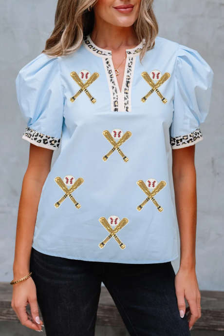 Beau Blue Sequin Baseball Set Contrast Leopard Trim Short Puff Sleeve Blouse