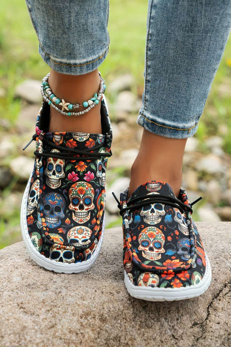 Sepatu Flat Halloween Motif Tengkorak Gula Hitam Detail Bertali