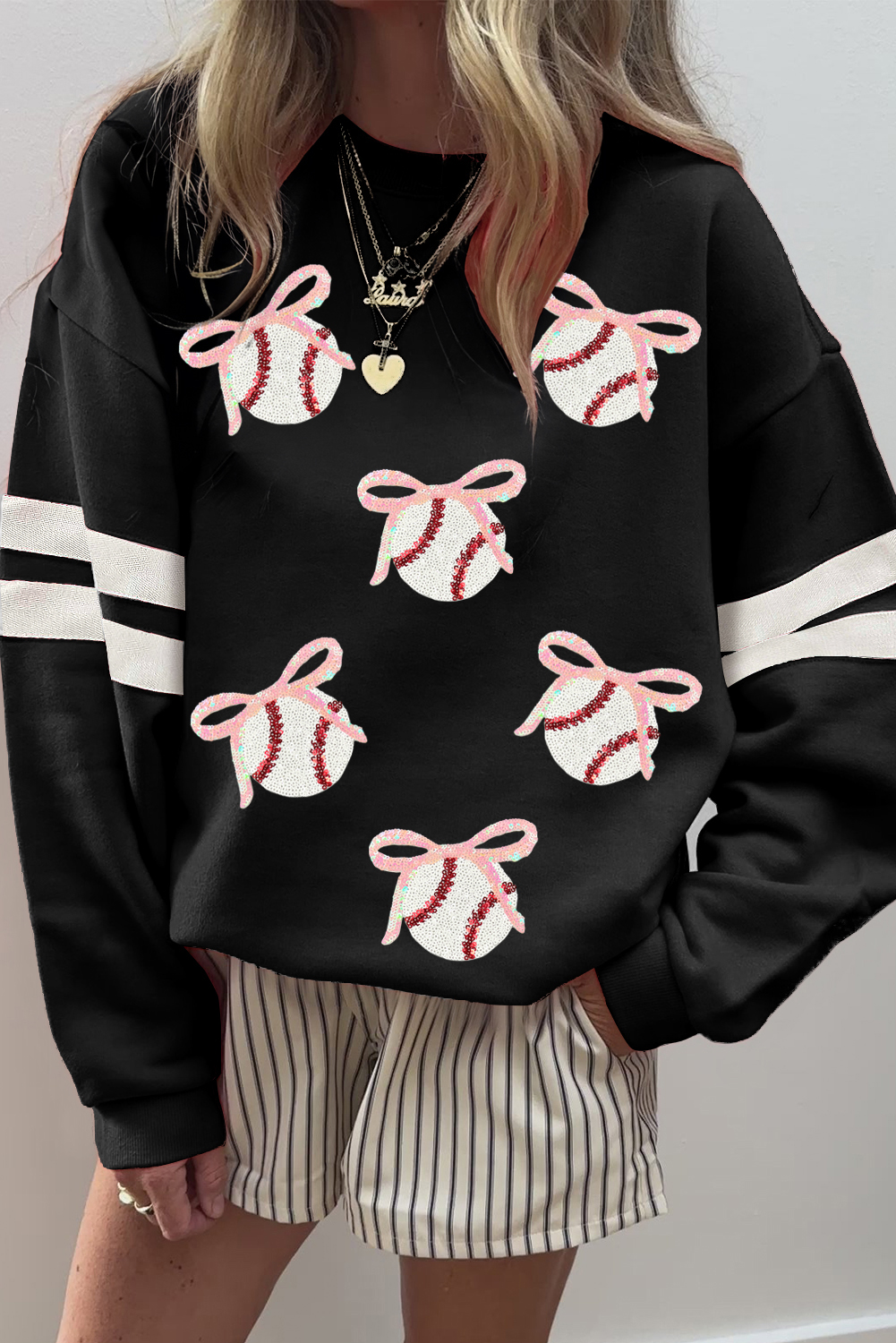 [MLB] Varsity Short Sleeve Sweatshirt ★すぐ品切れ★ $12.39 Black Bow Baseball Sequin Patched Oversized Varsity
