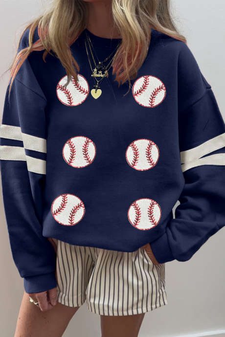 Tmavě modrá flitrovaná nadměrná mikina s baseballovými záplatami