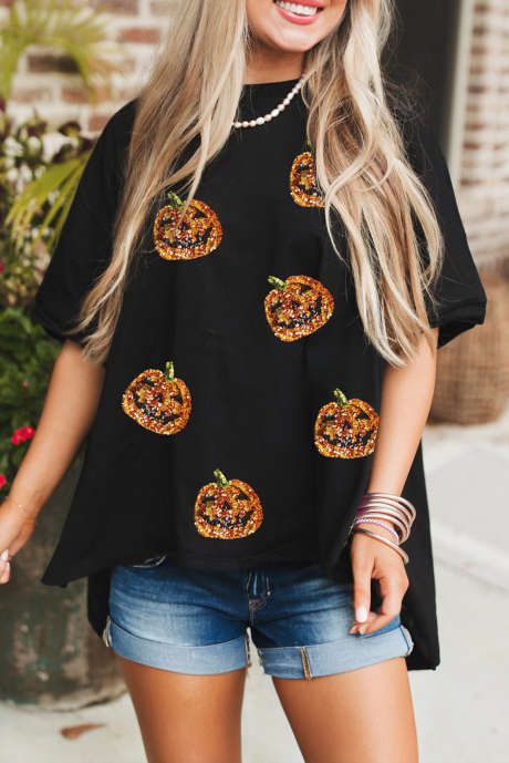 Maglietta casual di Halloween con motivo Jack-o'-lantern in paillettes nere