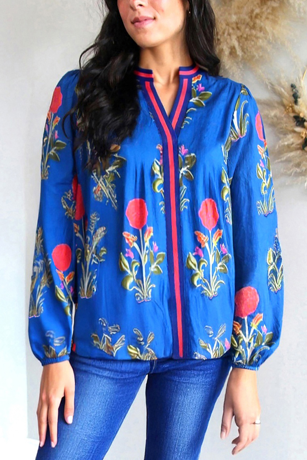 $6.75 Blue Floral Print Contrast Striped Trim Notched Neck