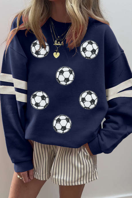Navy Blue Soccer Football Sequin Patched Graphic Oversized Varsity Sweatshirt