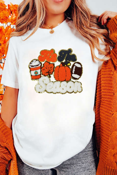 Maglietta girocollo con grafica "Tis The Season Pumpkin Spice Latte Lover" bianca