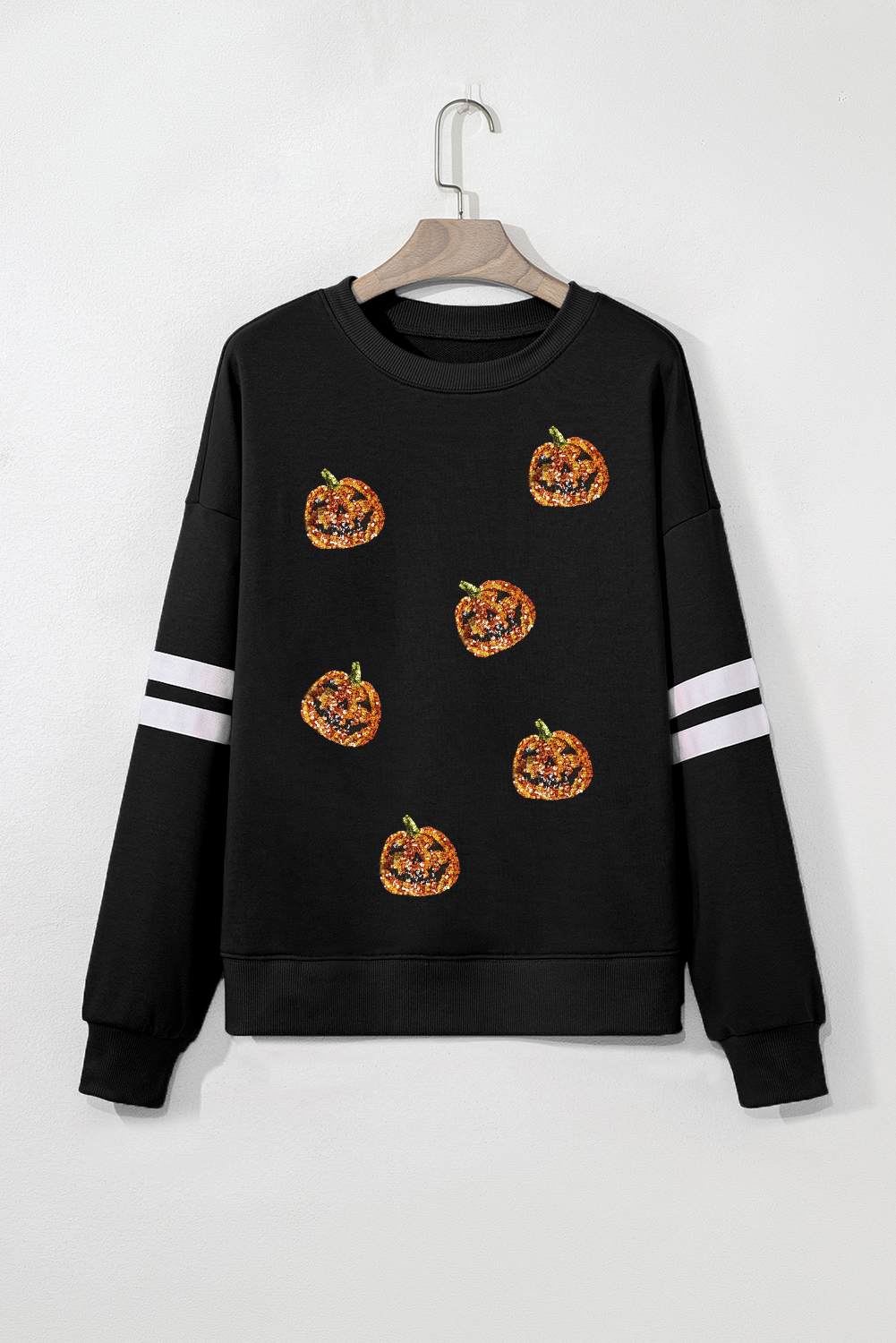 $12.39 Black Halloween Pumpkin Face Sequin Patched Oversize