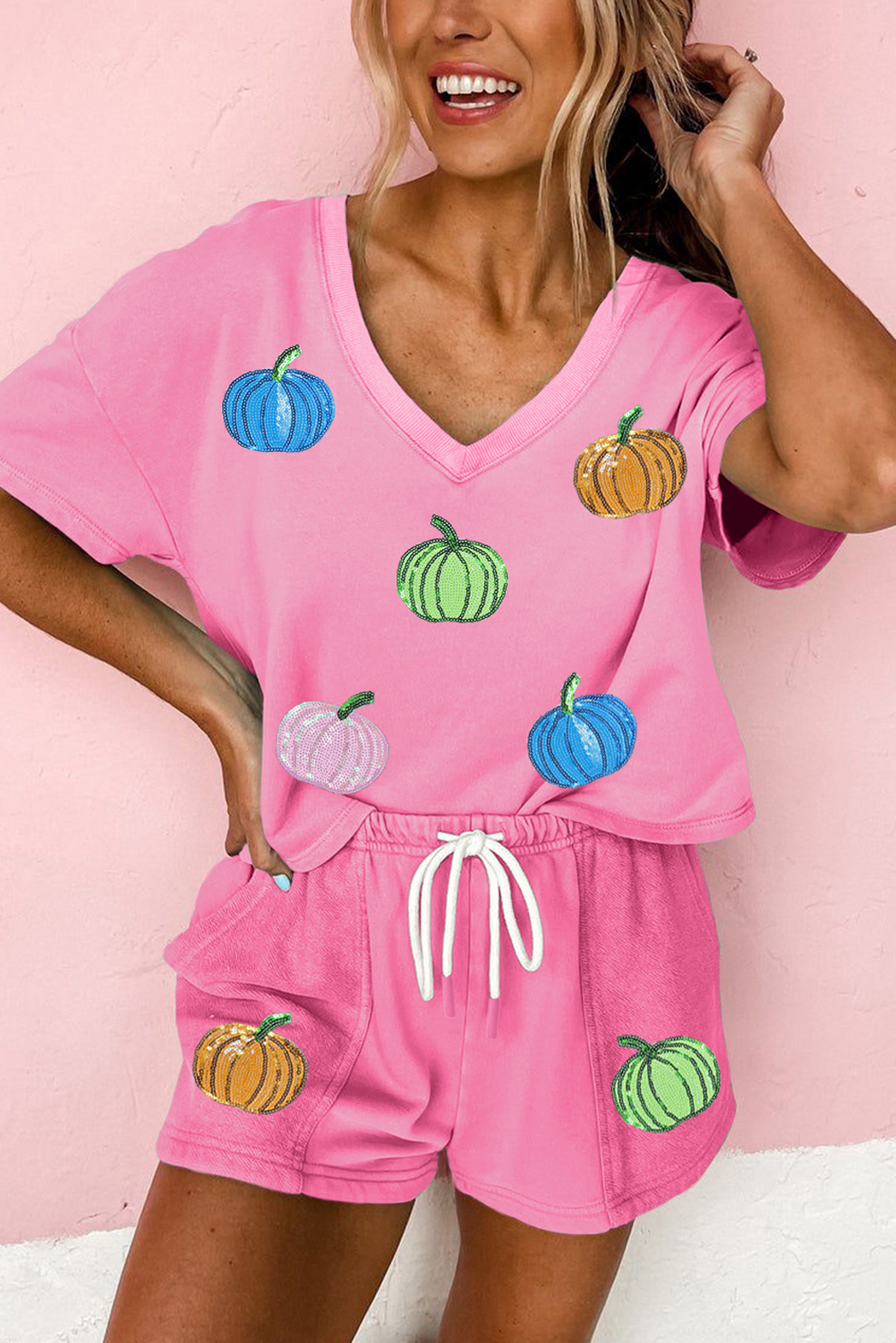 $10.55 Bonbon Sequin Halloween Pumpkin Pattern V Neck Tee