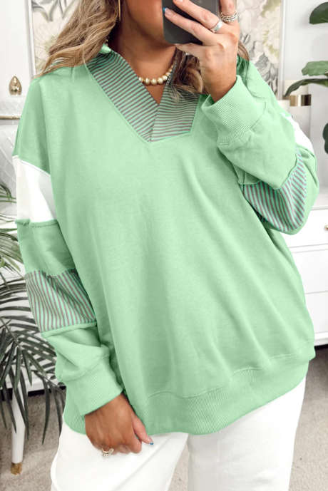 Sudadera con cuello en V, diseño de patchwork, rayas y bloques de color jade Moonlight, talla grande