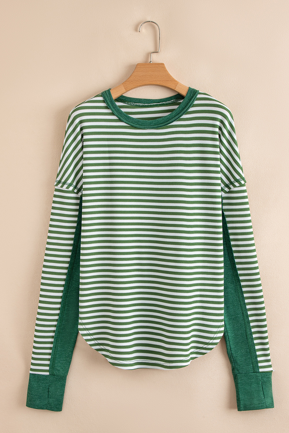 【DEARMINE】Low Warmer Neck Polar Knit Tee $5.95 Green Stripe Thermal Knit Drop Shoulder Casual Top