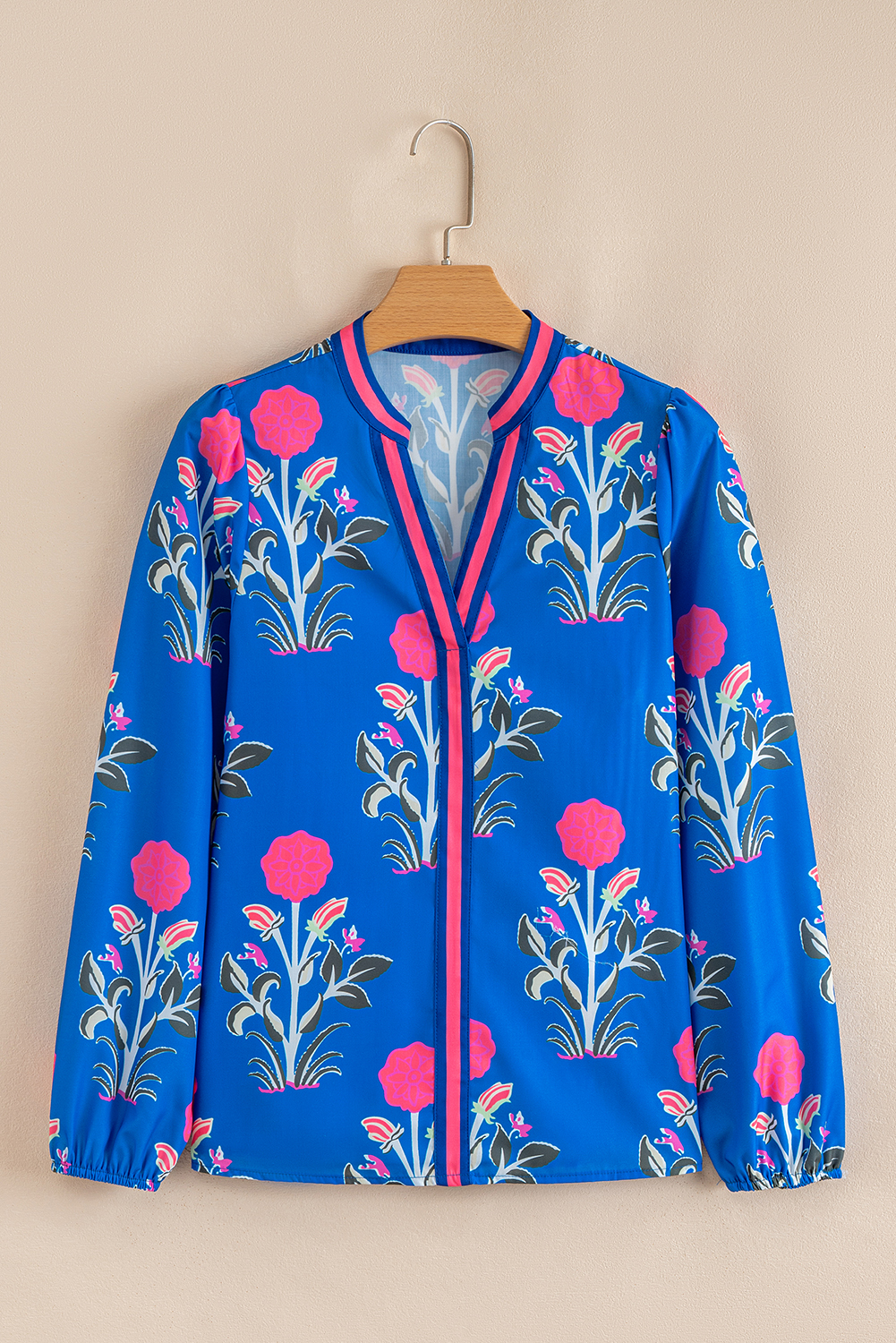 $6.75 Blue Floral Print Contrast Striped Trim Notched Neck