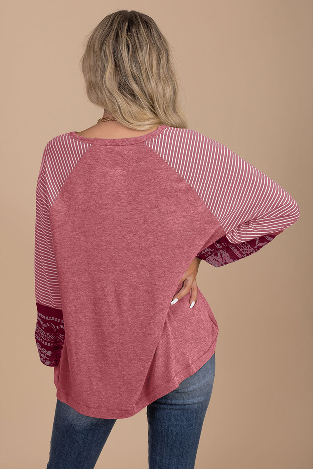 $6.75 Mineral Red Contrast Print Striped Raglan Long Sleeve
