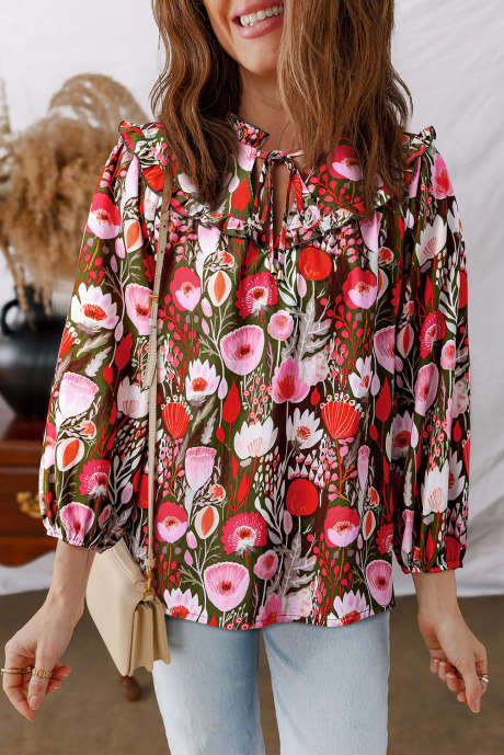 Rote Bluse mit Blumenmuster und Dreiviertelärmeln und Schnürung am Hals LC25133350-P10320