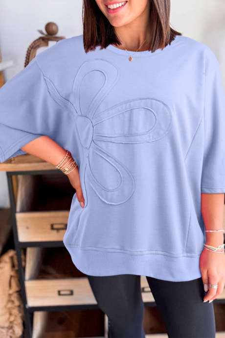 Beau Blue Floral Patched Half Sleeve Tuniek Top