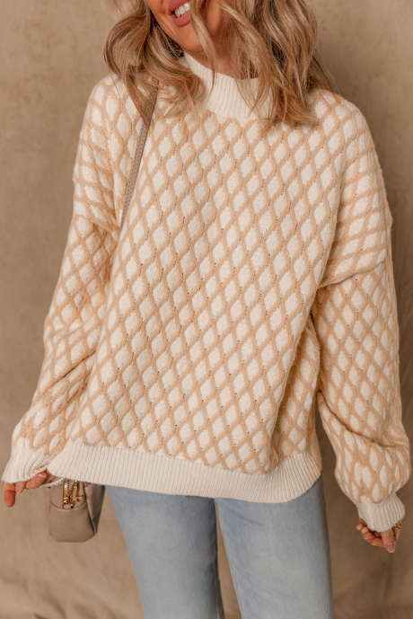 Rauchgrauer Strickpullover mit Rhombus-Struktur und Stehkragen LC2726540-P7016