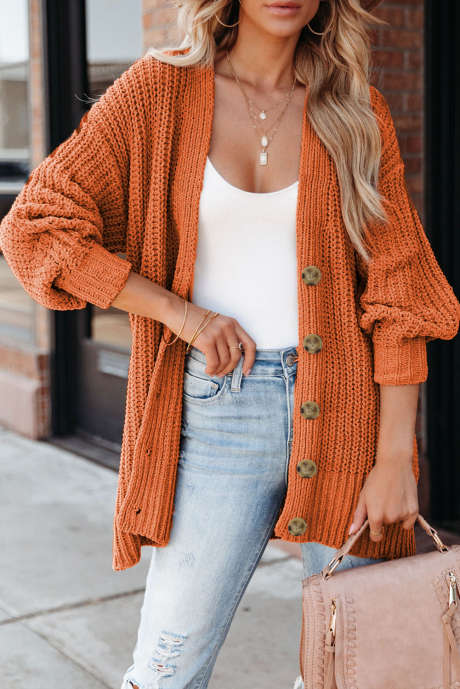 Cardigan Chunky com Botões Frontais e Decote em V Dourado