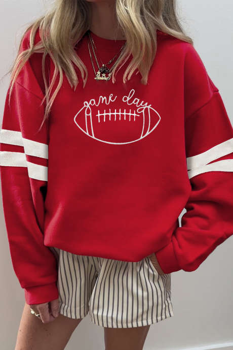 Fiery Red game day Rugby Embroidered Oversize Varsity Sweatshirt
