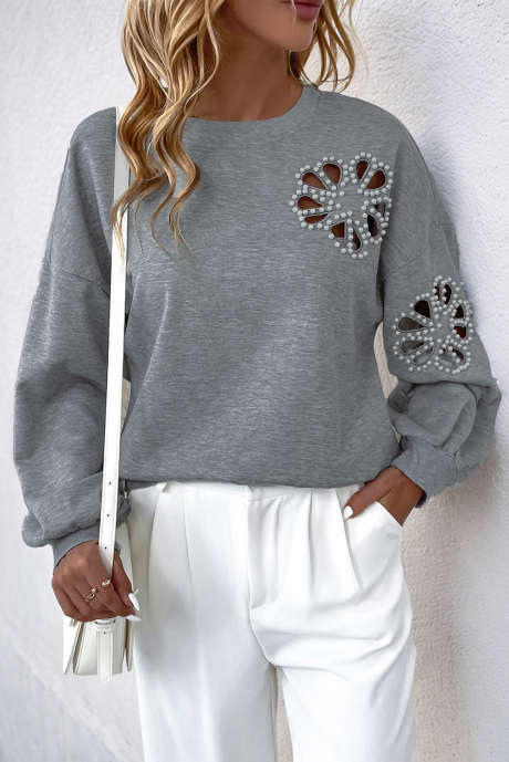 Medium Grey Pearl Embellished Hollow Out Flower Pattern Drop Shoulder Sweatshirt