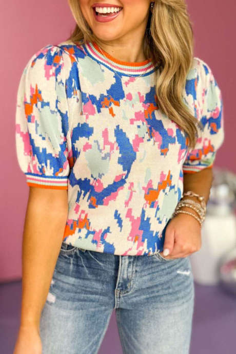 Абрикосовый абстрактный узор вязаный свитер с короткими рукавами и контрастной полосатой отделкой