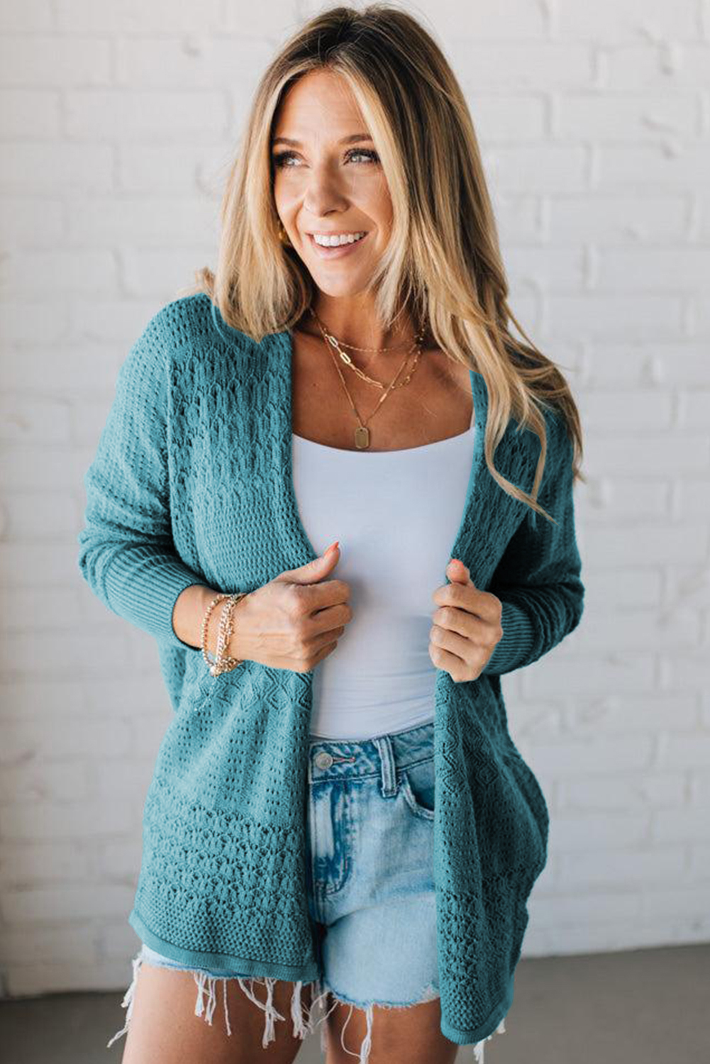 ◆SNAPPY CUDDLE◆ Dear Darling Cardigan $9.13 Lapis Mix Pattern Hollowed Knit Open Front Cardigan